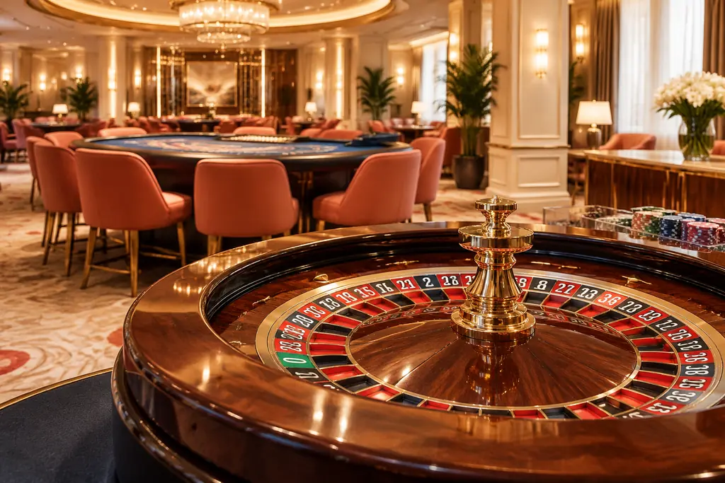 Roda roulette dan meja kartu dalam ruangan kasino