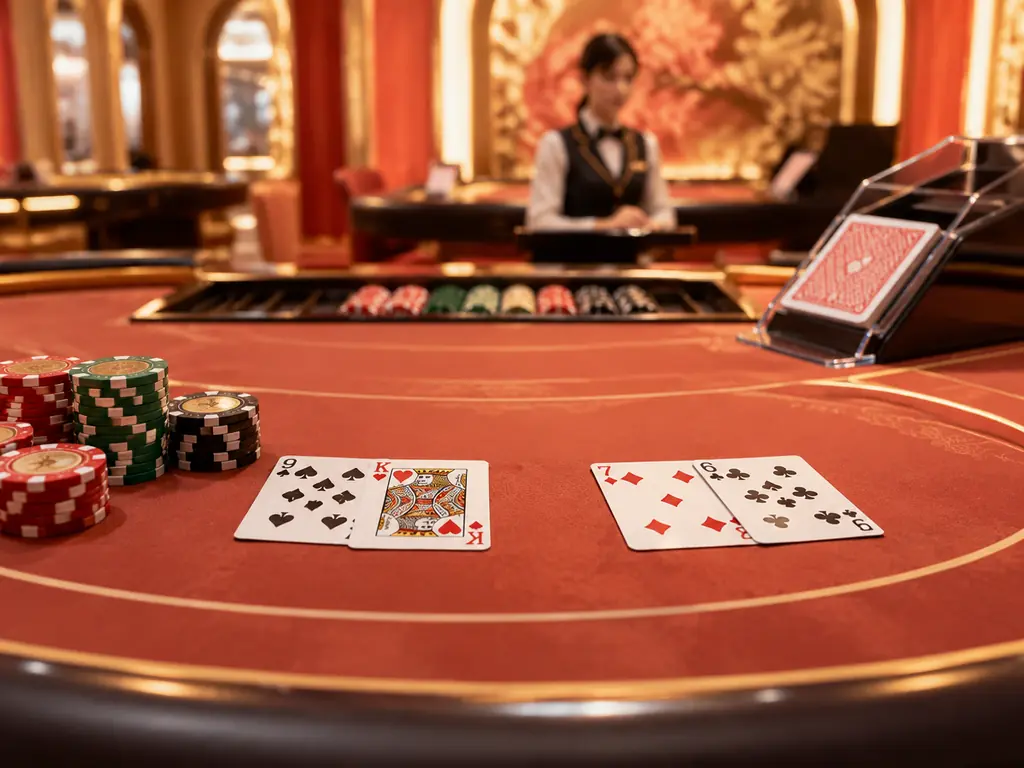 Meja baccarat dengan kartu dan rak chip
