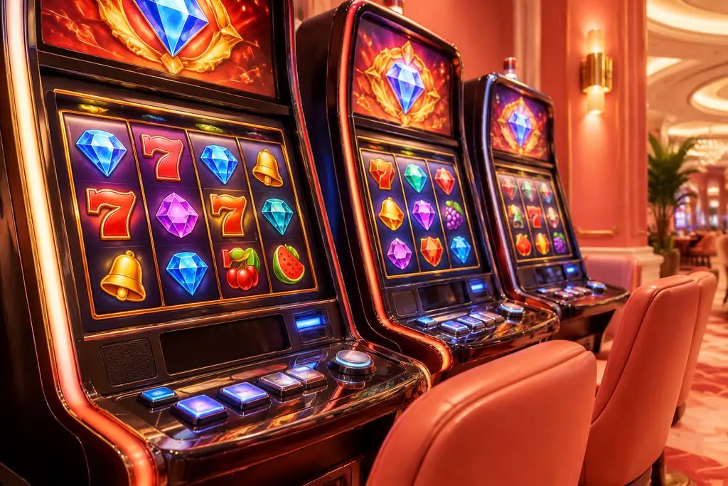 Mesin slot dengan simbol berwarna di ruang kasino
